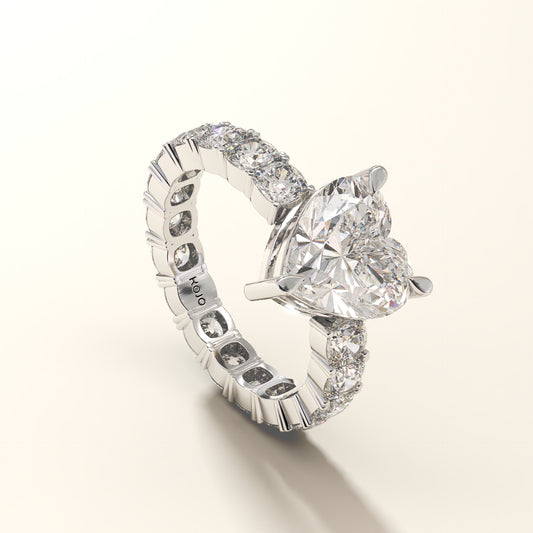 Angled view of the Amora Heart heart-cut lab-grown diamond ring with a 3.70 carat center stone in white gold.
