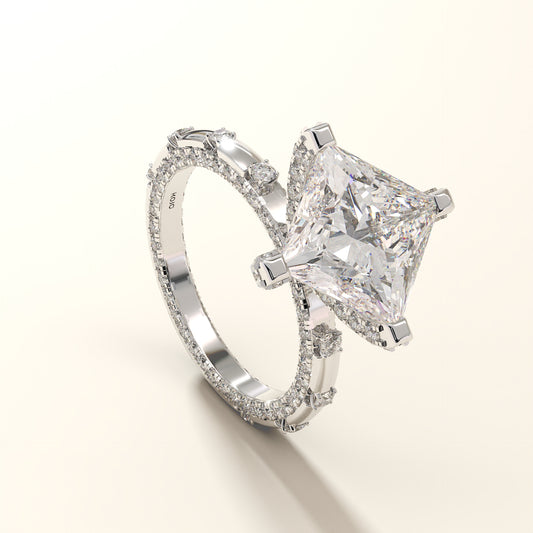 A Princess-cut lab grown diamond ring in white gold on a light beige background