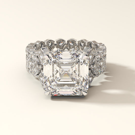 Imperial Emerald 3.30 carat emerald-cut lab-grown diamond ring with eternity-style band in 14K white gold.