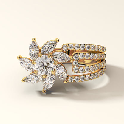 Yellow gold ring with 7 Marquise-cut, 1 Round lab diamond ring with diamond accents on a light-beige background (front view).