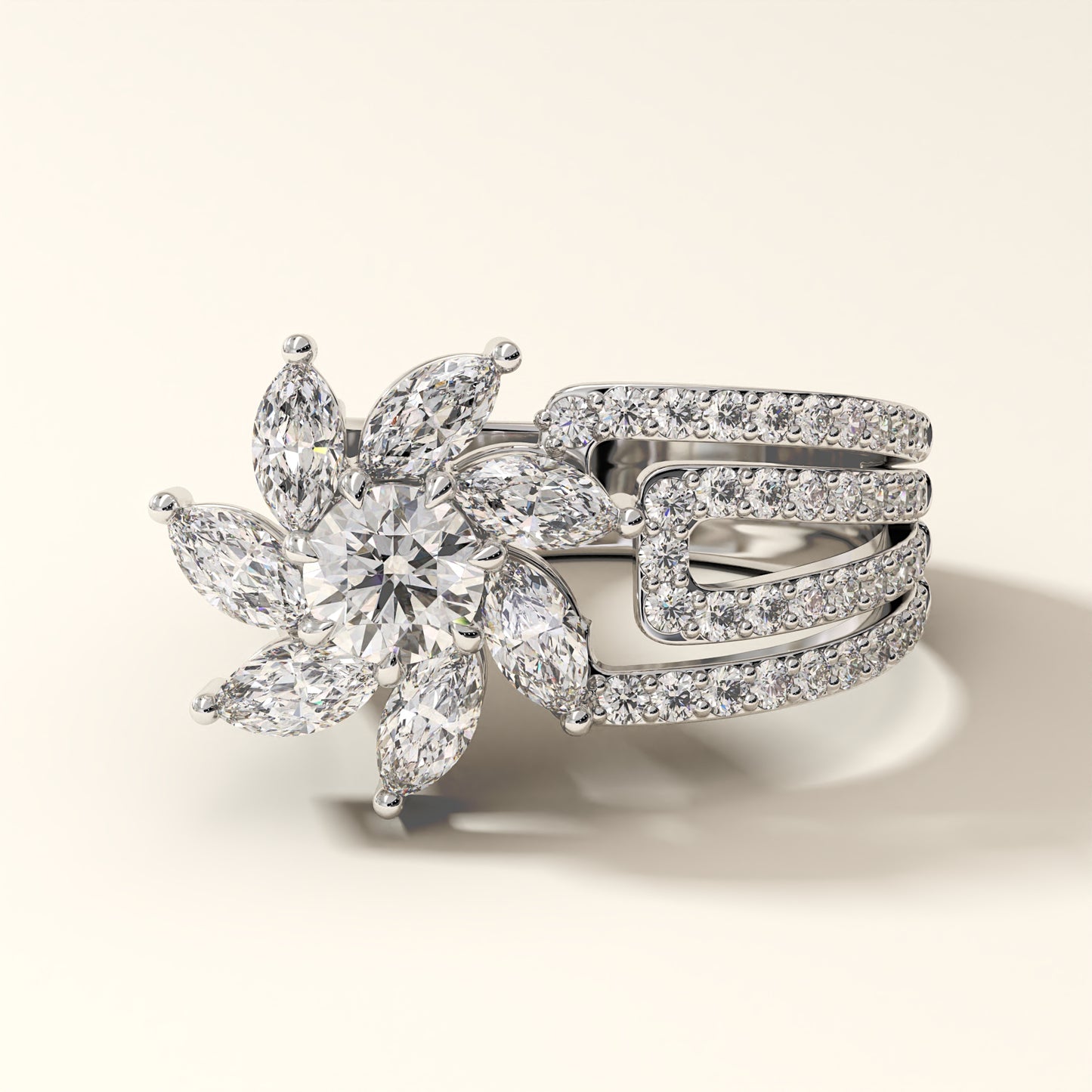 Round Brilliant & Marquise-Cut Diamond Ring in 18kt white gold. Total 48 Diamonds | Solara Bloom Lab Diamond Ring