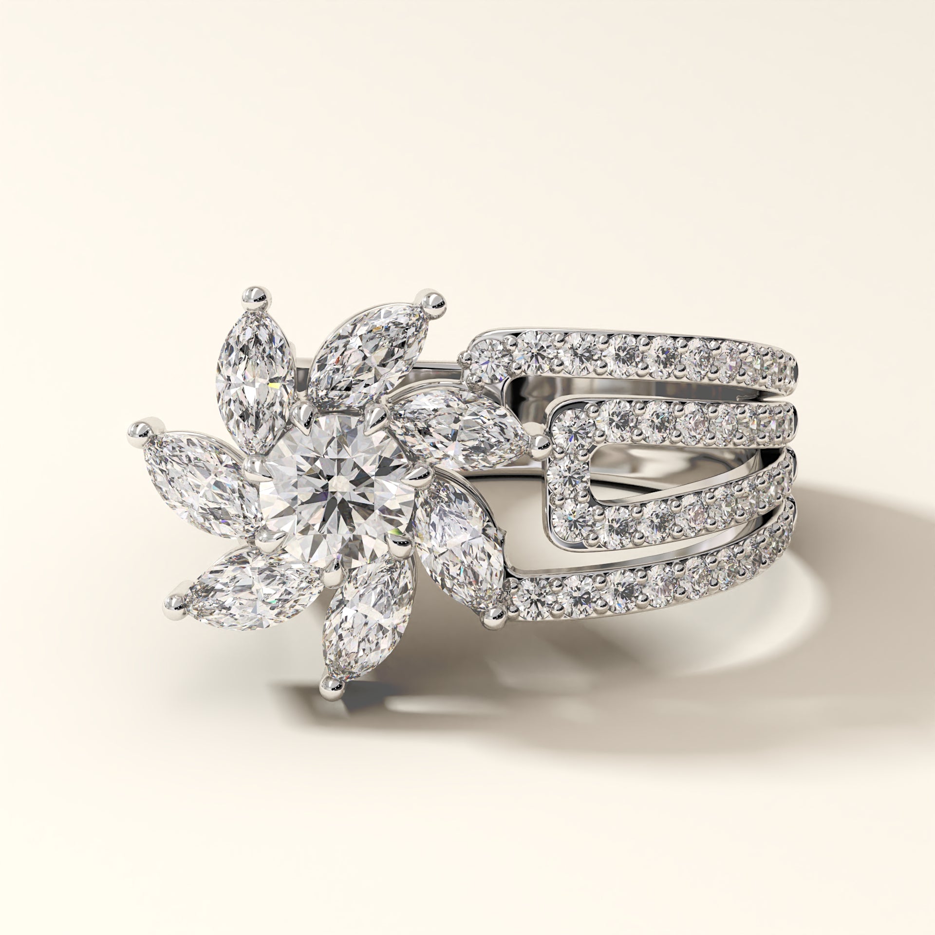 Round Brilliant & Marquise-Cut Diamond Ring in 18kt white gold. Total 48 Diamonds | Solara Bloom Lab Diamond Ring