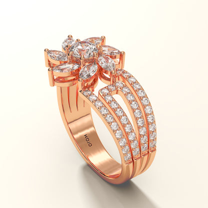Rose gold ring with 1 Round and 7 Marquise-cut lab diamond ring with diamond accents on a light-beige background (side view).