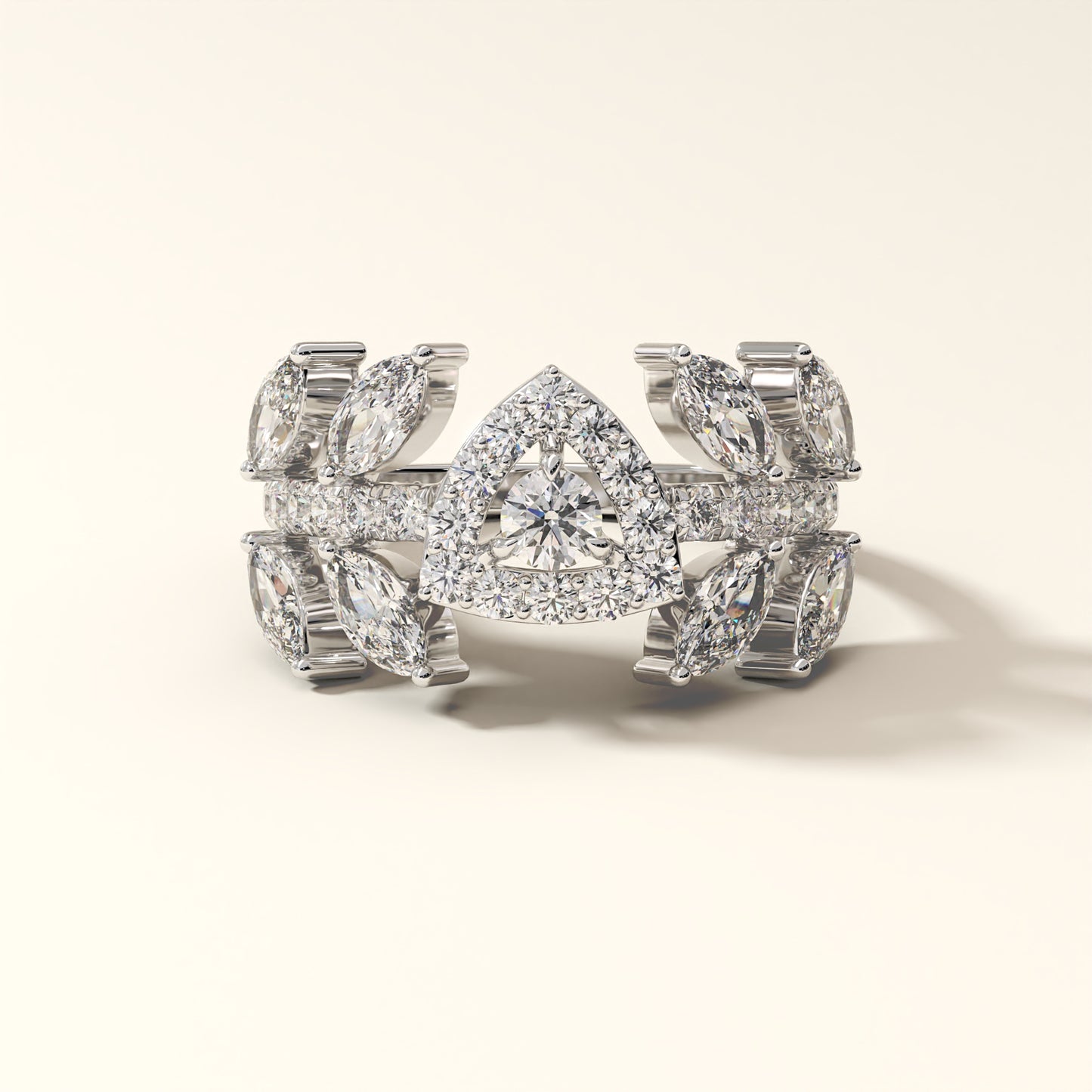 Trine Halo 2.2 Carat Marquise & Round Diamond Ring in 18K white gold. Front view of diamond ring.