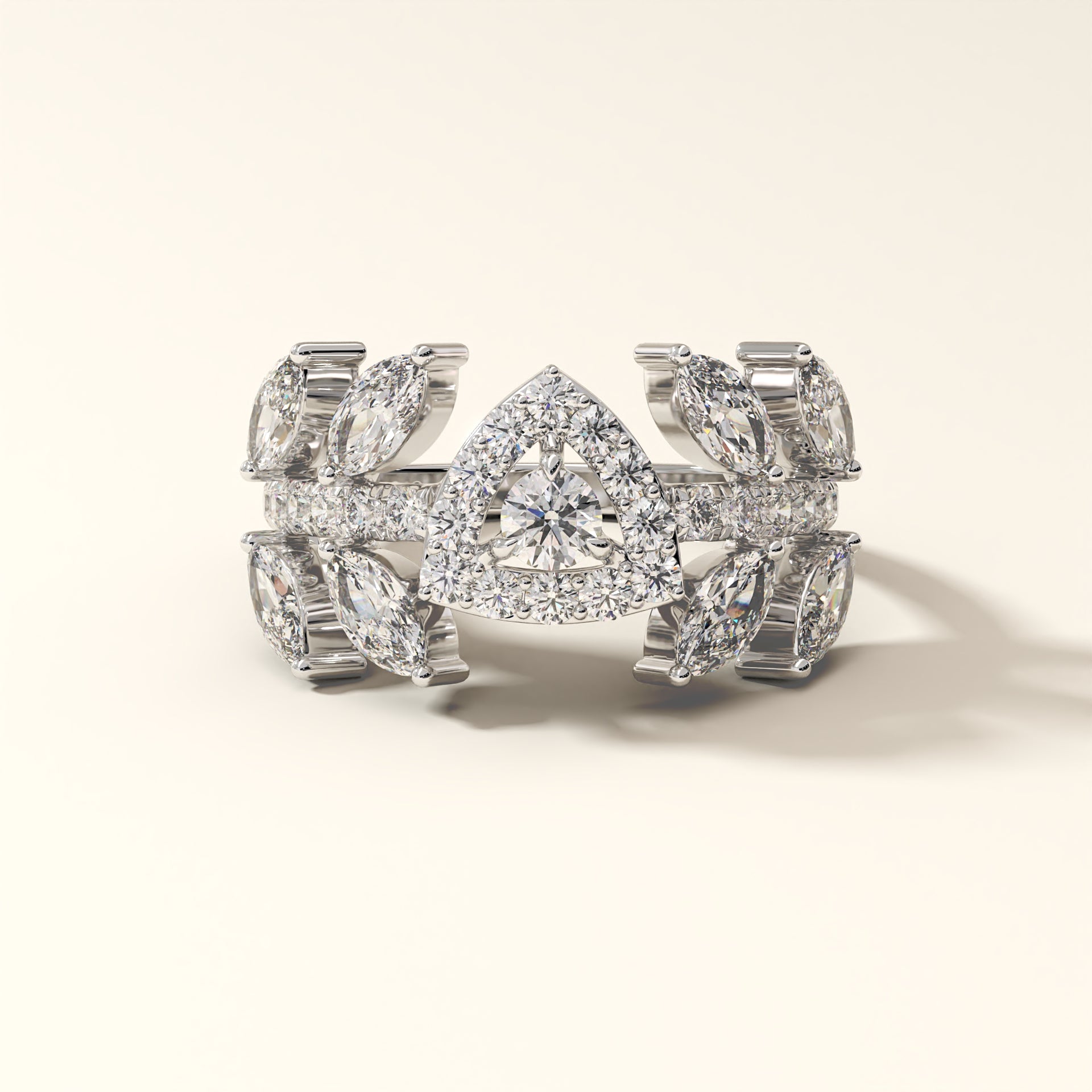 Trine Halo 2.2 Carat Marquise & Round Diamond Ring in 18K white gold. Front view of diamond ring.