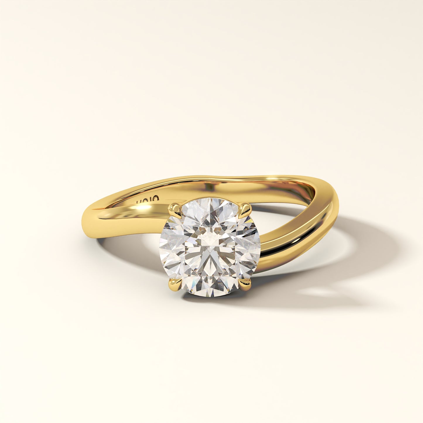 1.50 Carat Round Brilliant Diamond Ring in Yellow gold with "KOJO" Diamonds branding on a light background (front view). Solara Arc Lab-Grown Round Diamond Ring.