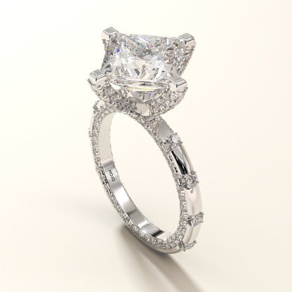 5 Carat Princess-cut Diamond ring with a prominent set of 168 round diamonds in white gold setting