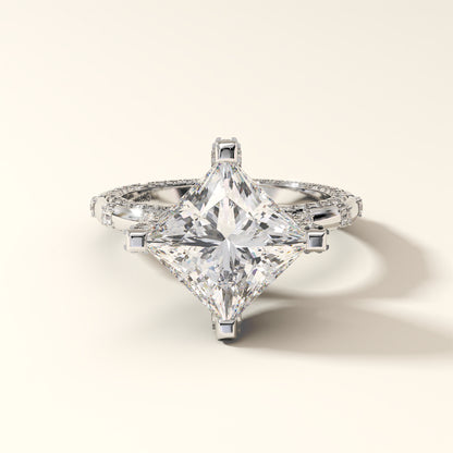 Princess-cut diamond ring with round brilliant diamonds on a light background