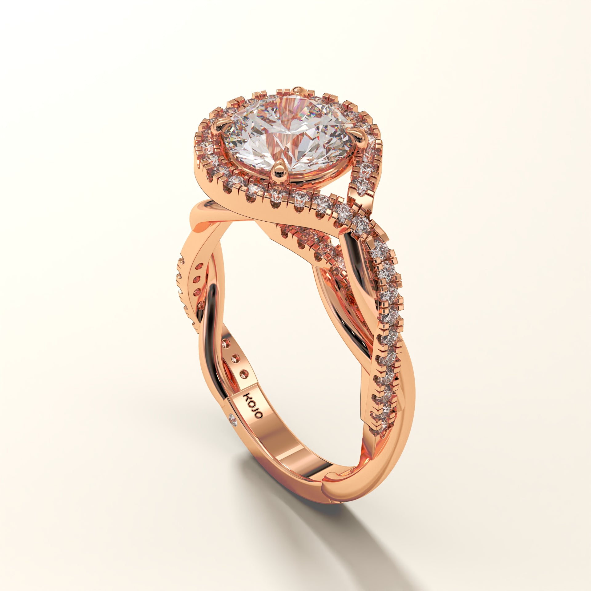 Rose gold lab-grown 2 carat diamond ring with a diamond on a light beige background.
