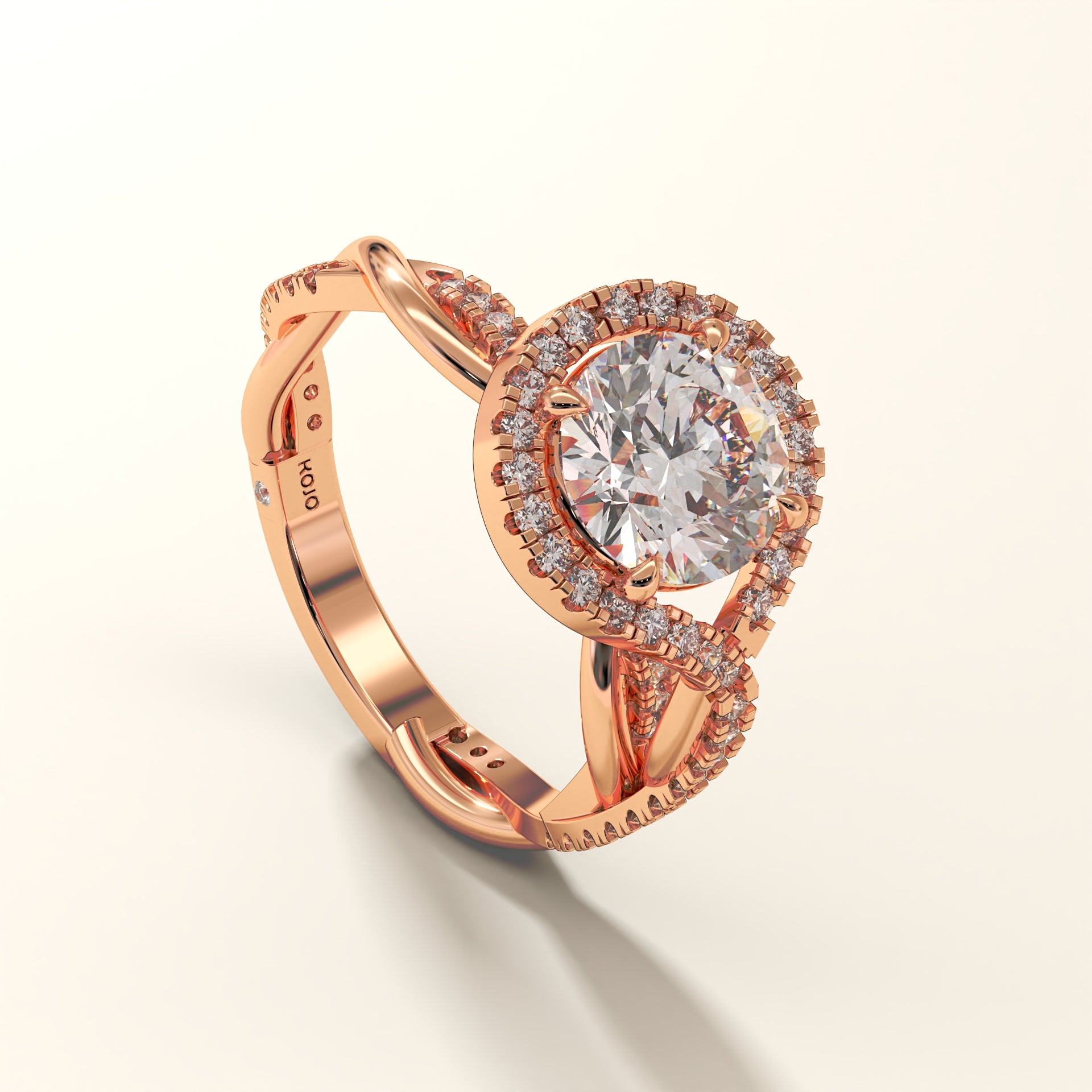 Rose gold lab grown diamond ring with a large diamond and smaller stones on a light background.