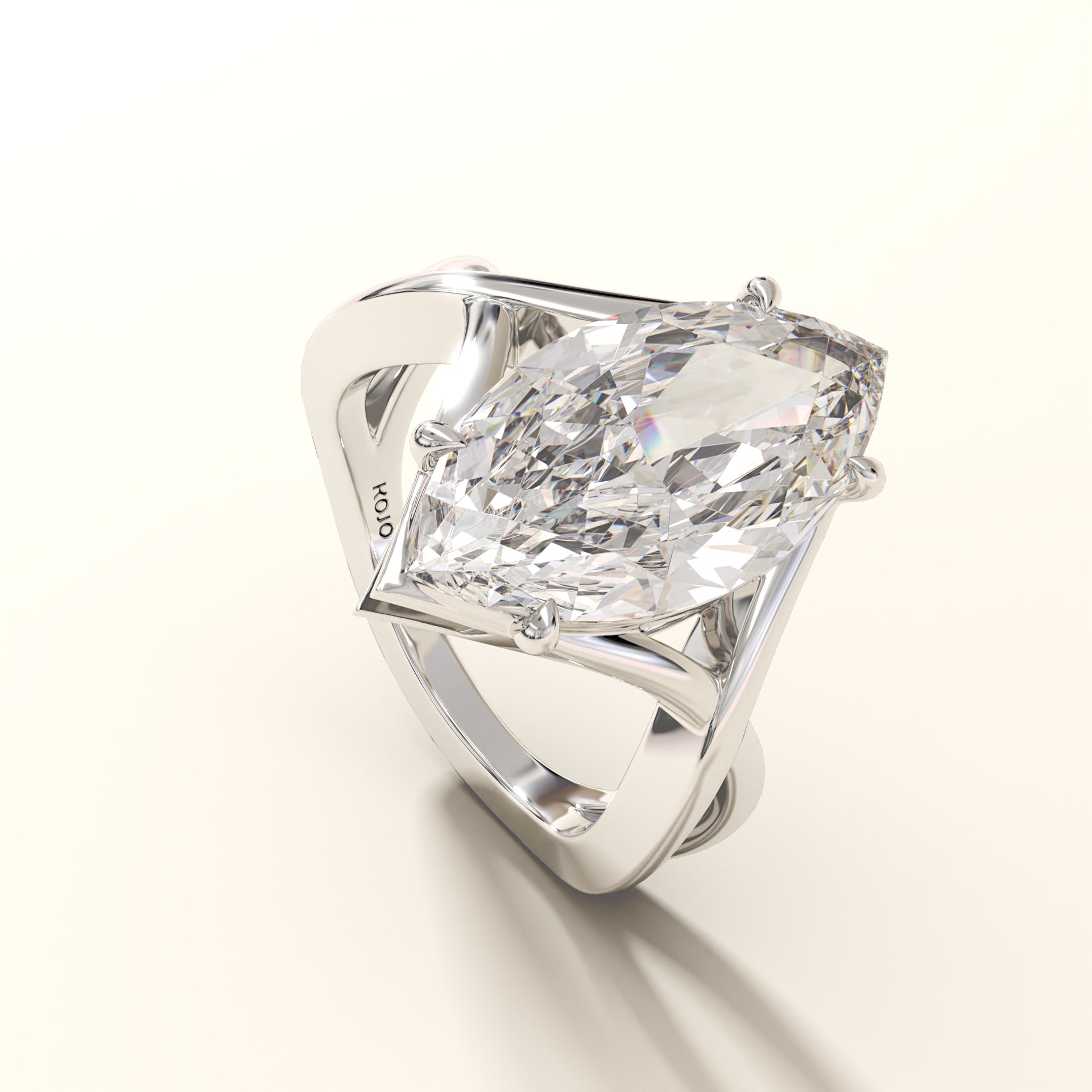 side view of marquise cut 8 carat lab grown diamond split shank ring in white gold