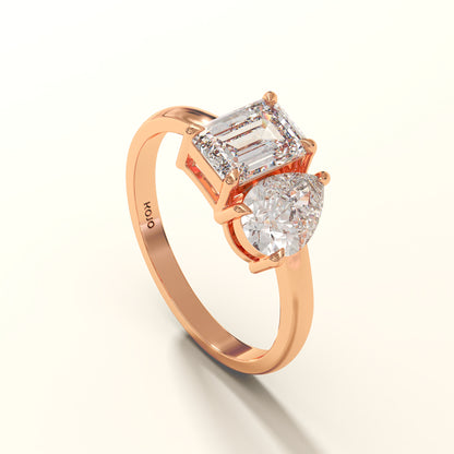 Ecliptica Bond two stone lab grown diamond ring with pear and emerald cut diamonds