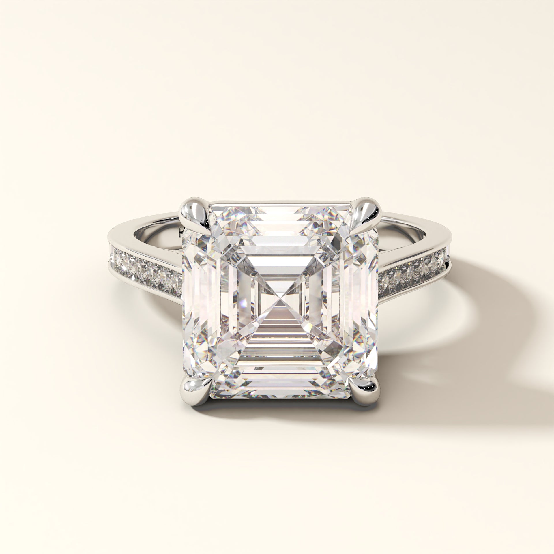 Solara Vertex Asscher cut lab grown diamond solitaire ring with pave band in white gold