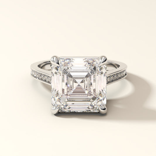 Solara Vertex Asscher cut lab grown diamond solitaire ring with pave band in white gold