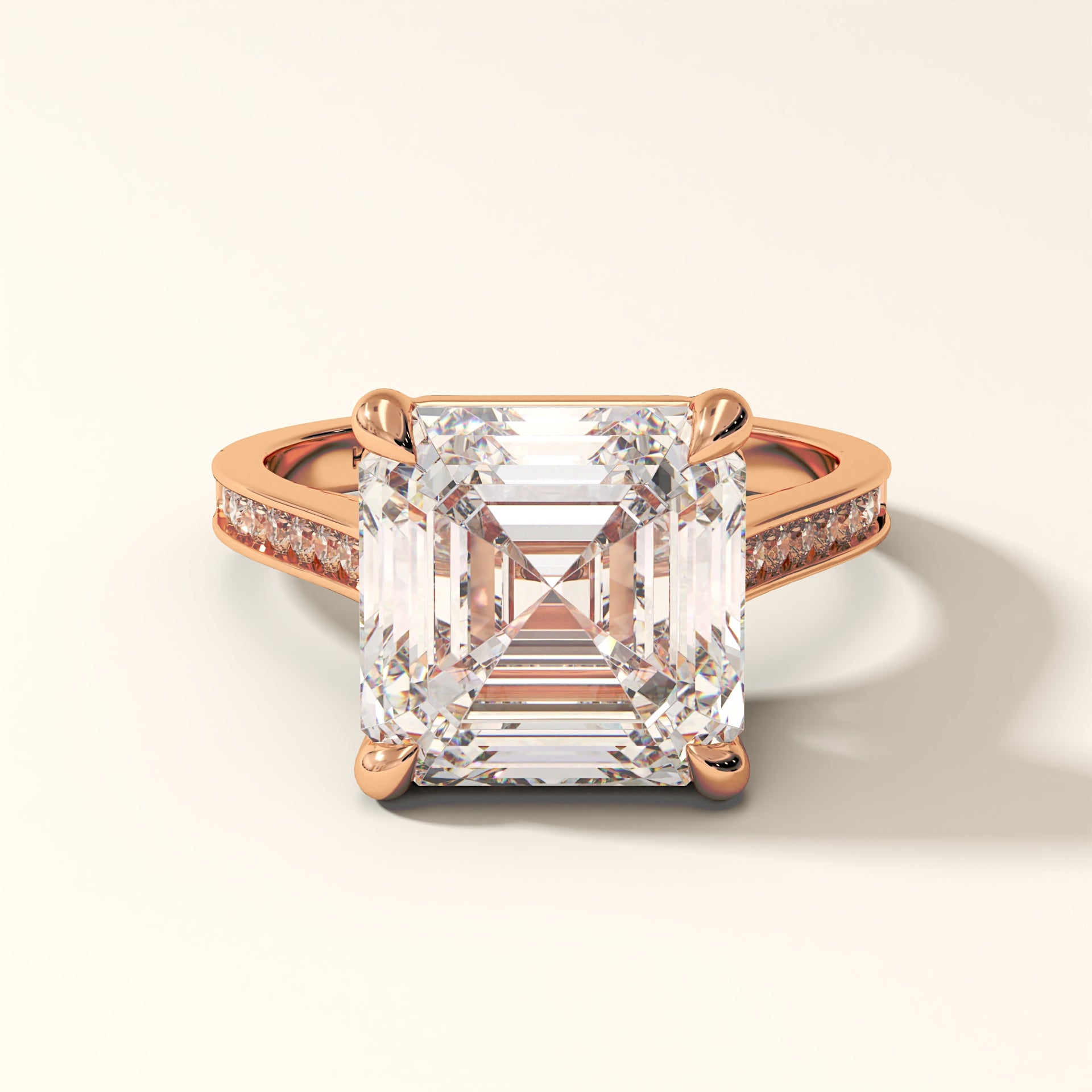 diamond engagement ring solara vertex 6 carat Asscher cut lab grown with pave band in rose gold