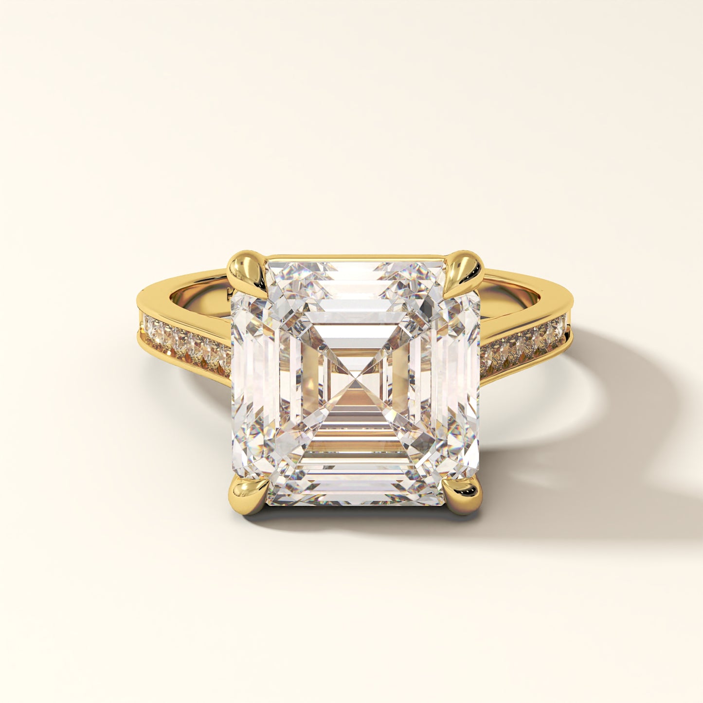 Solara Vertex luxury Asscher cut lab grown diamond ring with pave shoulders in yellow gold