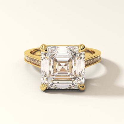 Solara Vertex luxury Asscher cut lab grown diamond ring with pave shoulders in yellow gold